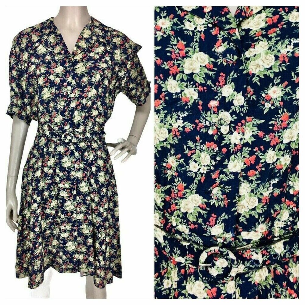VTG 70s Kwai Cottagecore Calico Floral Country Prairie Belted Button-Down Dress